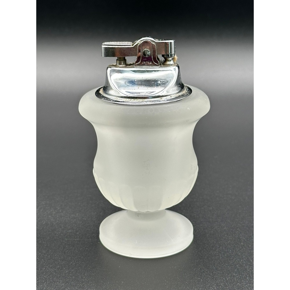 Vintage Frosted Glass Table Lighter Mid Century Modern Chrome Japan 4.25in